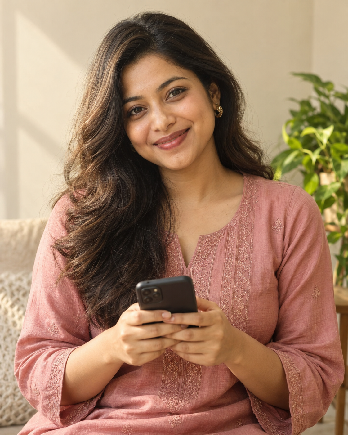 স্মার্টফোন হাতে হাসিমুখে একজন নারী ক্রিয়েটর